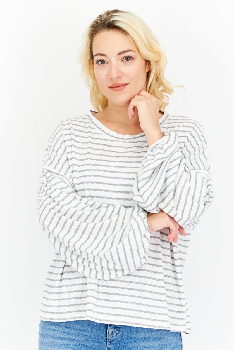 Weatherproof Women Crew Neck Long Sleeve Stripe Top, White - Image 1