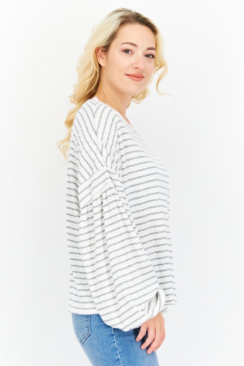 Weatherproof Women Crew Neck Long Sleeve Stripe Top, White - Image 2