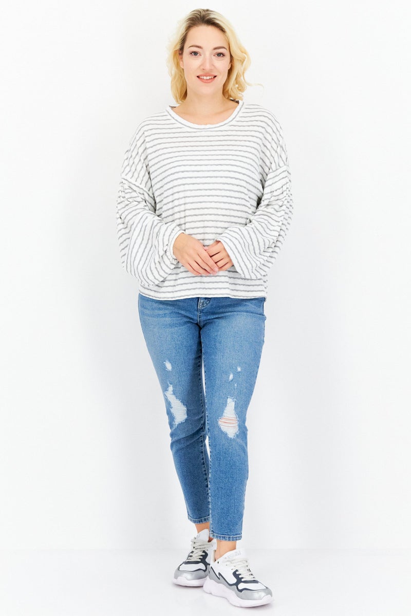 Weatherproof Women Crew Neck Long Sleeve Stripe Top, White - Image 4