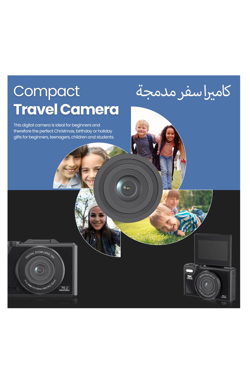 ABJ 5K Digital Camera with Autofocus, 75MP Vlogging Camera with 3” 180 Degree Flip Screen, 18X Zoom, Anti-Shake, Time-Lapse & Webcam - Compact Video Camera for Beginners, Teens & Content Creators - Image 4