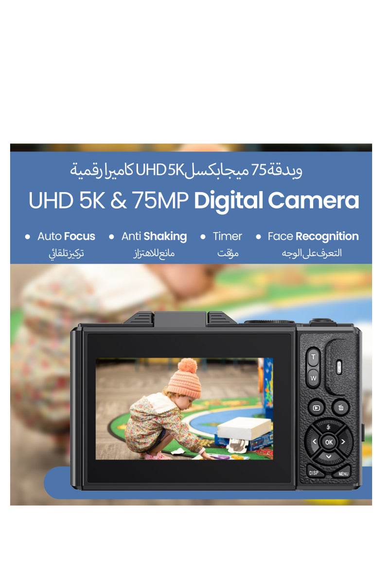 ABJ 5K Digital Camera with Autofocus, 75MP Vlogging Camera with 3” 180 Degree Flip Screen, 18X Zoom, Anti-Shake, Time-Lapse & Webcam - Compact Video Camera for Beginners, Teens & Content Creators - Image 2