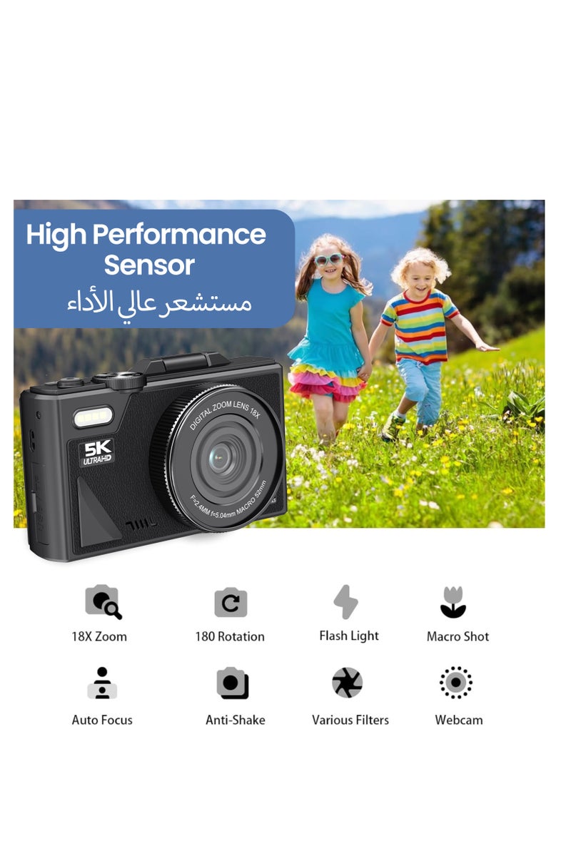 ABJ 5K Digital Camera with Autofocus, 75MP Vlogging Camera with 3” 180 Degree Flip Screen, 18X Zoom, Anti-Shake, Time-Lapse & Webcam - Compact Video Camera for Beginners, Teens & Content Creators - Image 5
