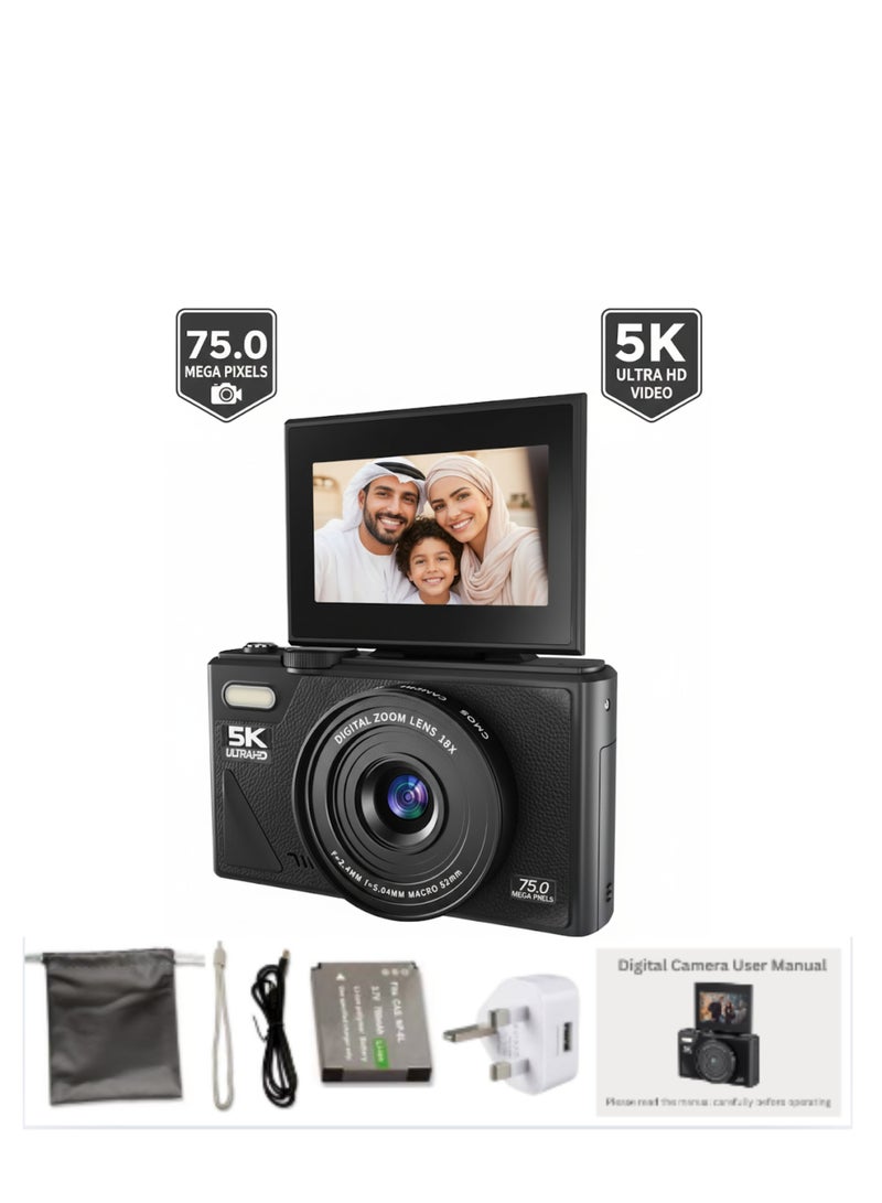 ABJ 5K Digital Camera with Autofocus, 75MP Vlogging Camera with 3” 180 Degree Flip Screen, 18X Zoom, Anti-Shake, Time-Lapse & Webcam - Compact Video Camera for Beginners, Teens & Content Creators - Image 1