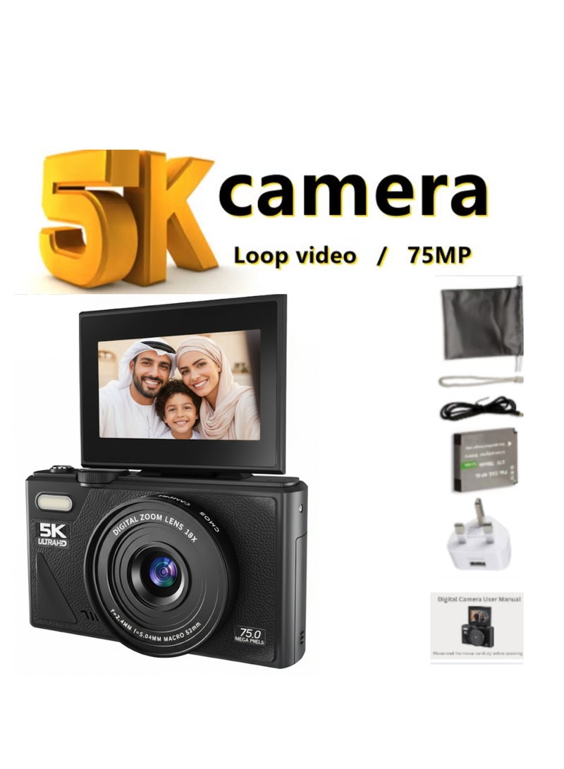 ABJ 5K Digital Camera with Autofocus, 75MP Vlogging Camera with 3” 180 Degree Flip Screen, 18X Zoom, Anti-Shake, Time-Lapse & Webcam - Compact Video Camera for Beginners, Teens & Content Creators - Image 1