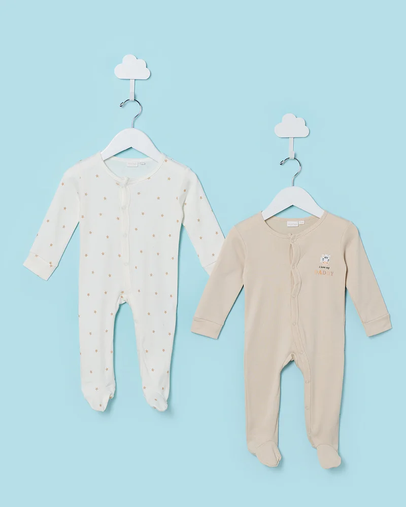 Redtag Boy Beige and Ivory And 2 Piece Sleepsuit Set