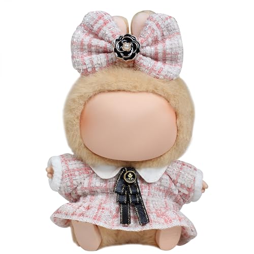 CHICHO 17cm Doll Outfits for Labubu Luxury Chic Style Set for 17cm Dolls Premium Doll Clothes with Accessories Pink Plaid Tweed Dress Black Necktie Plaid Bow Clothes Only - Image 1