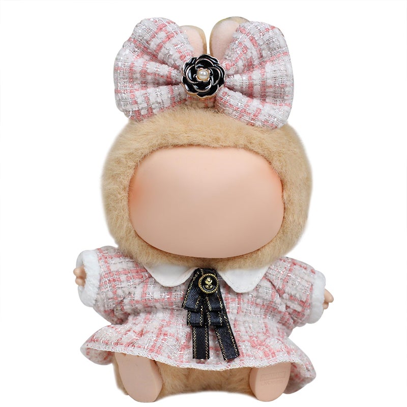 CHICHO 17cm Doll Outfits for Labubu Luxury Chic Style Set for 17cm Dolls Premium Doll Clothes with Accessories Pink Plaid Tweed Dress Black Necktie Plaid Bow Clothes Only - Image 2