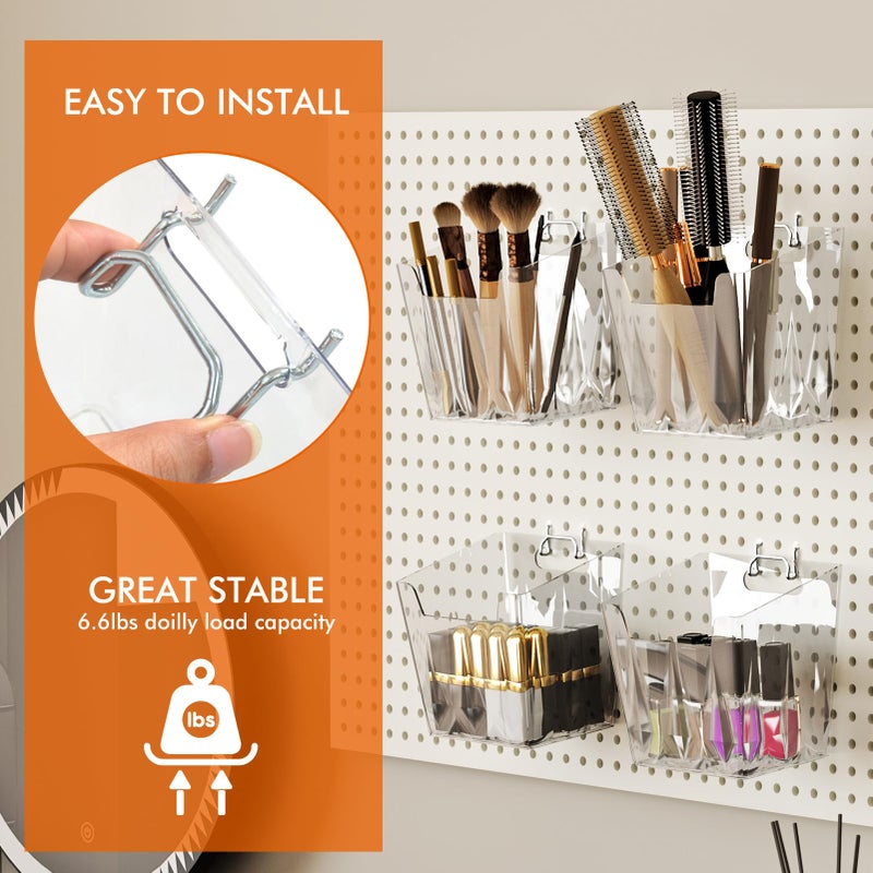 LIGHT DUST Clear Pegboard Cups with Hooks, 1/8" & 1/4" Peg Board Orangizer Accessories Aesthetic Decoration for Garage Workbench Craft Room Office Playroom Organization (6, S/M/L) - Image 3
