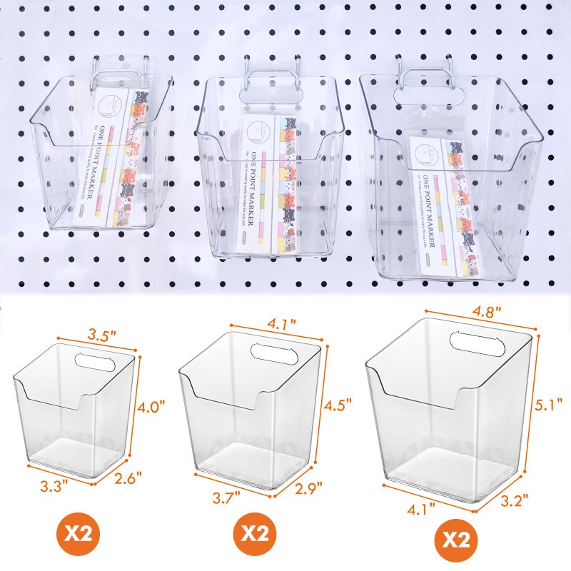 LIGHT DUST Clear Pegboard Cups with Hooks, 1/8" & 1/4" Peg Board Orangizer Accessories Aesthetic Decoration for Garage Workbench Craft Room Office Playroom Organization (6, S/M/L) - Image 2