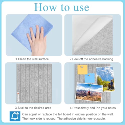 Climberty® 6Pcs Felt Bulletin Board Vision Board,30x30cm Self-Adhesive Wall Boards with 50pcs Drawing Pins,Felt Message for Paste Notes Photos Schedules (Grey) - Image 5
