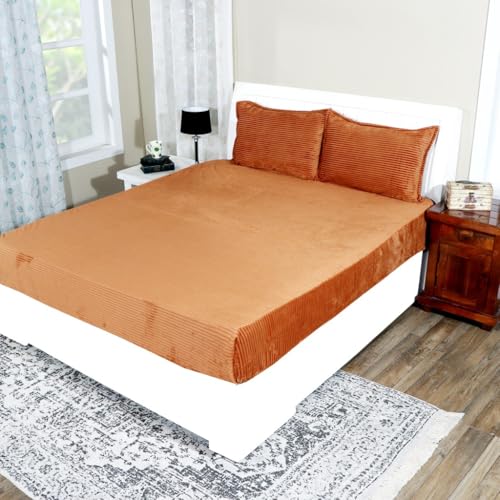 RD TREND® Premium Striped 190 GSM Elastic Fitted Warm bedsheets for Winter for Double Bed, Winter Warm Bedsheets for King Size Bed with 2 Pillow Covers (Light Mustrad, King (72 x 78 x 8 Inches)) - Image 5