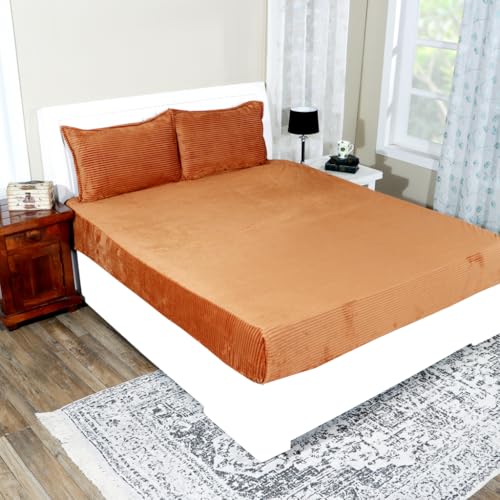 RD TREND® Premium Striped 190 GSM Elastic Fitted Warm bedsheets for Winter for Double Bed, Winter Warm Bedsheets for King Size Bed with 2 Pillow Covers (Light Mustrad, King (72 x 78 x 8 Inches)) - Image 1