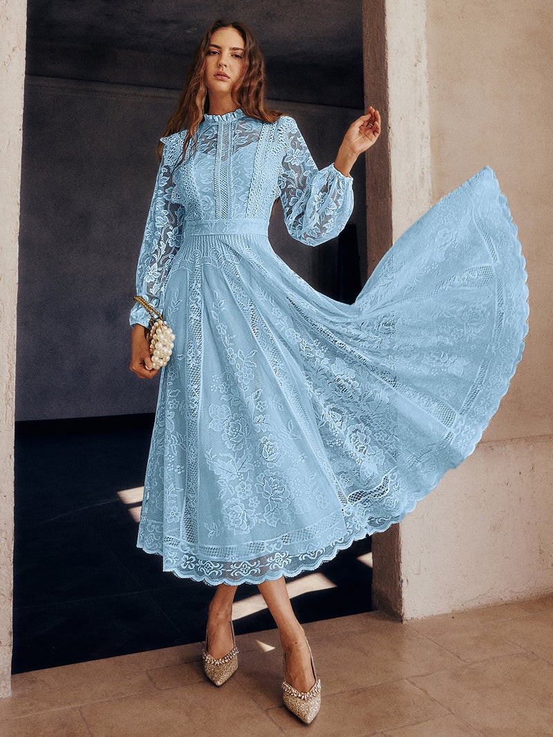 سيمبلي فستان ميدي أنيق من الدانتيل مع تطريز | مثالي لحفلات الكوكتيل، وحفلات الزفاف في الأعياد، والمناسبات المسائية، وحفلات الصيف غير الرسمية، والإجازات الشاطئية. - Image 1