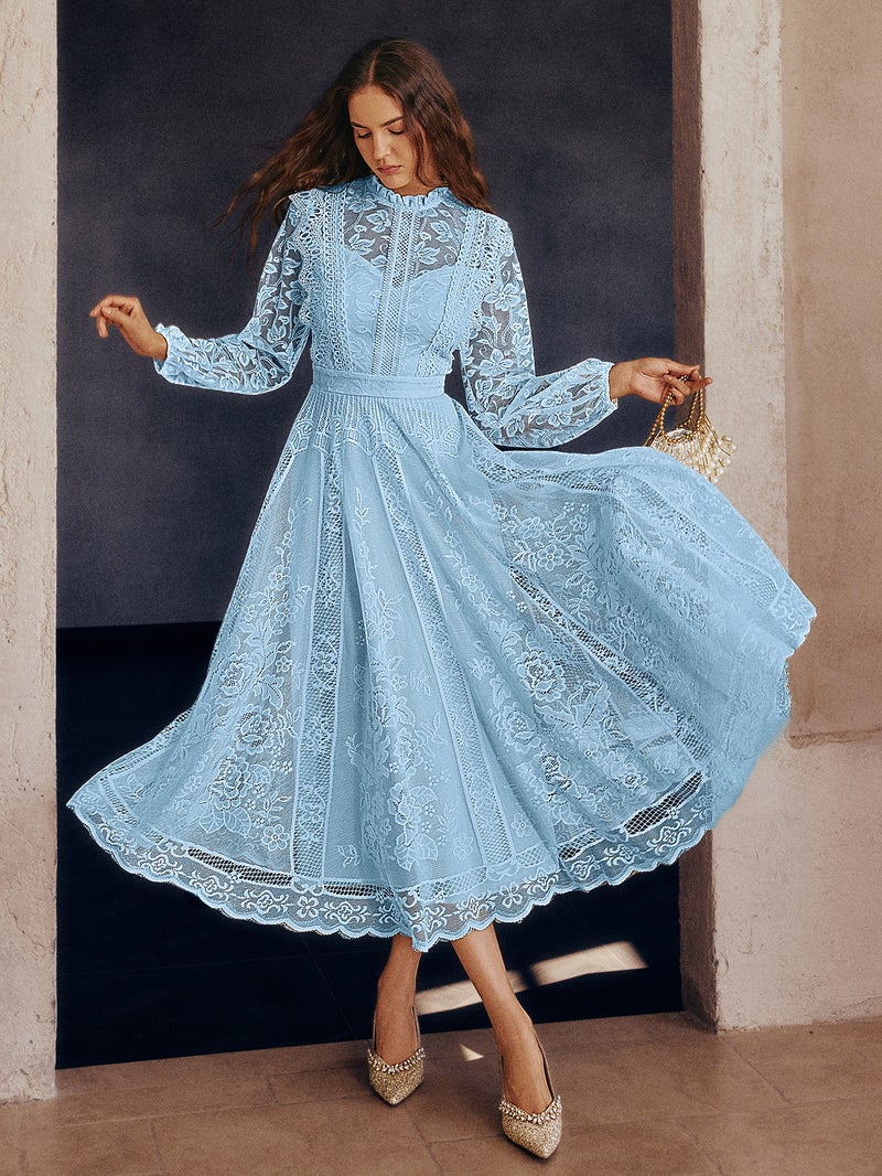 سيمبلي فستان ميدي أنيق من الدانتيل مع تطريز | مثالي لحفلات الكوكتيل، وحفلات الزفاف في الأعياد، والمناسبات المسائية، وحفلات الصيف غير الرسمية، والإجازات الشاطئية. - Image 4