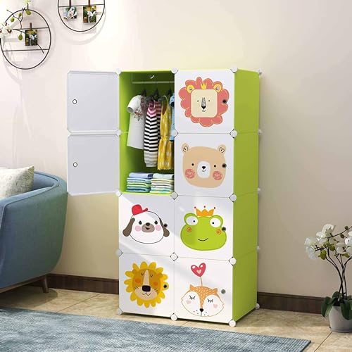AYSIS Almirah for Clothes,Plastic Soft Sheet Collapsible Wardrobe for Clothes for Kids Clothes/Toy/Book, Baby Cupboard for Clothes Storage in Bedroom Nursery,Cartoon (Green, 8-Shelf-8-Door) - Image 1