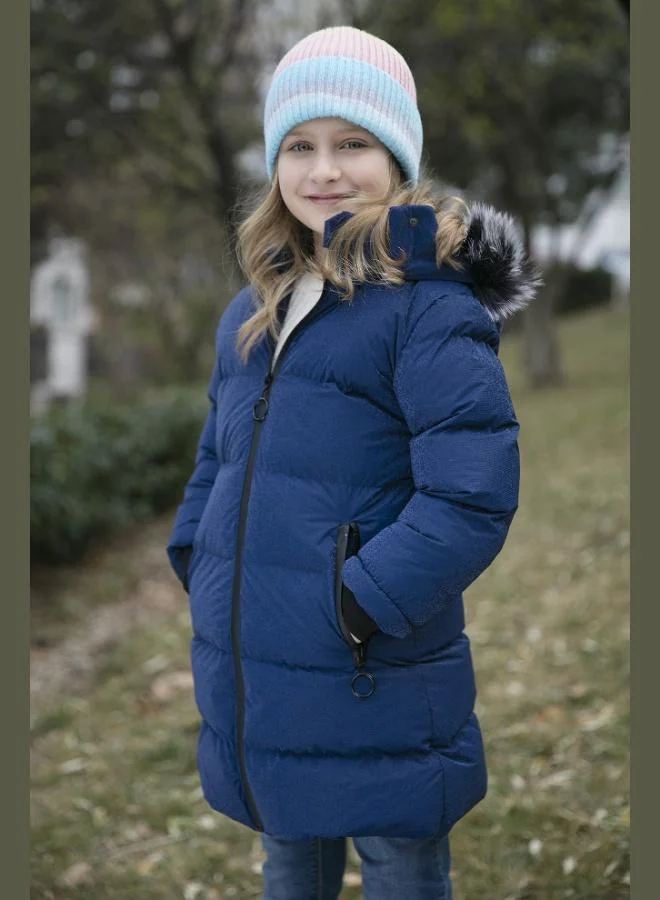 Lela Lela Collar Faux Fur Plush Lined Detachable Hooded Slim Cut Winter Coat Girl's COAT 5760002