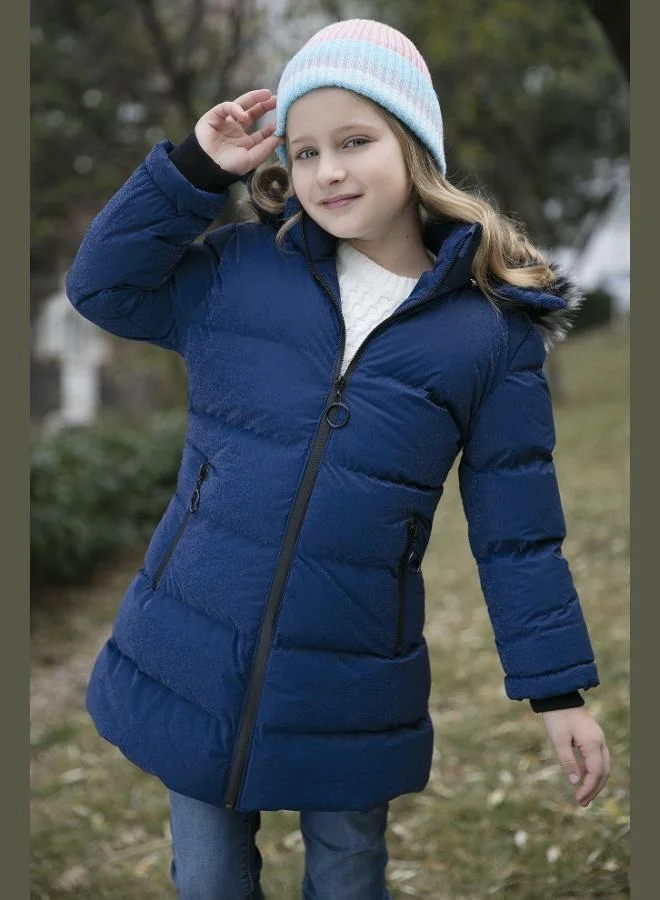 Lela Lela Collar Faux Fur Plush Lined Detachable Hooded Slim Cut Winter Coat Girl's COAT 5760002