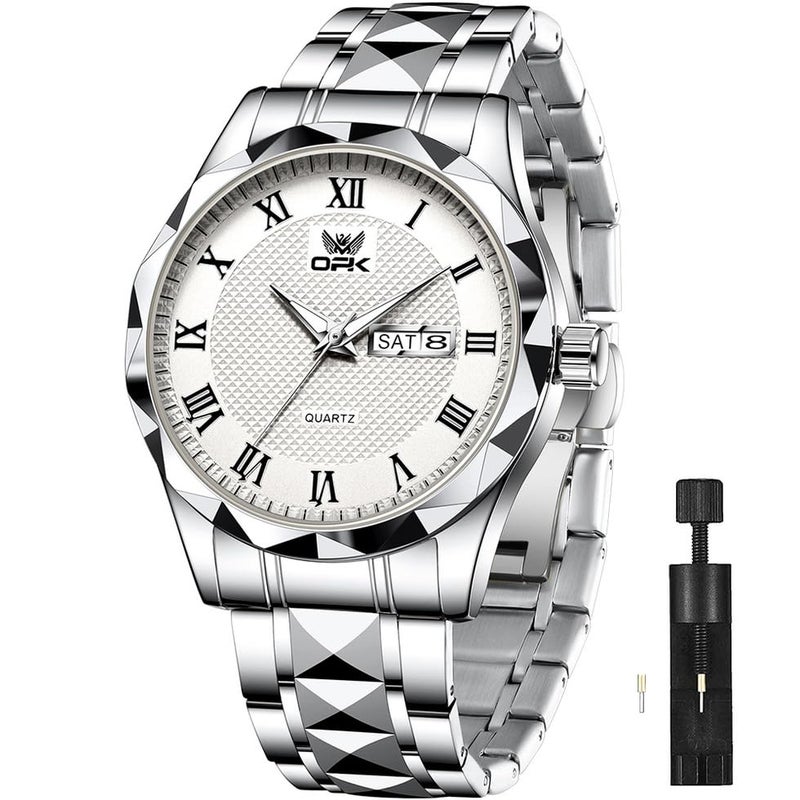OPK Watch for Men Silver White Business Large Analog Quartz Stainless Steel Day Date Waterproof Luminous Casual Wrist Watches - Image 1