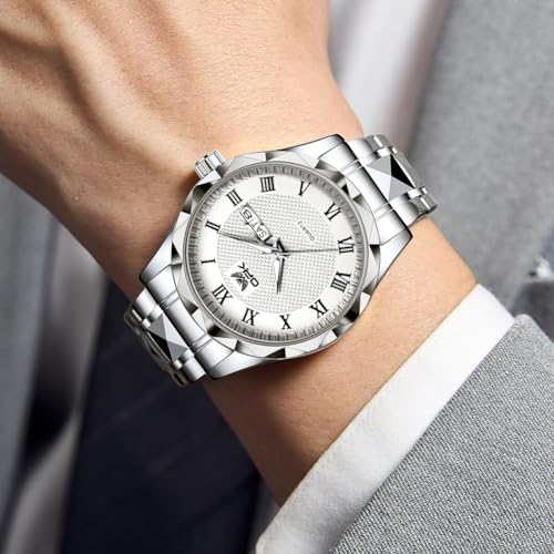 OPK Watch for Men Silver White Business Large Analog Quartz Stainless Steel Day Date Waterproof Luminous Casual Wrist Watches - Image 3