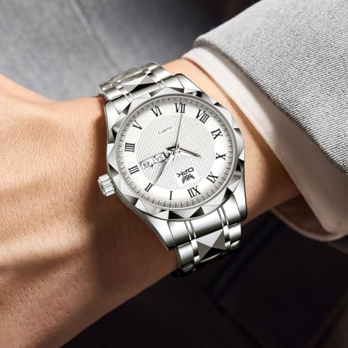 OPK Watch for Men Silver White Business Large Analog Quartz Stainless Steel Day Date Waterproof Luminous Casual Wrist Watches - Image 4
