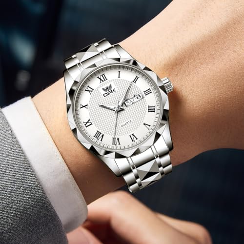 OPK Watch for Men Silver White Business Large Analog Quartz Stainless Steel Day Date Waterproof Luminous Casual Wrist Watches - Image 2