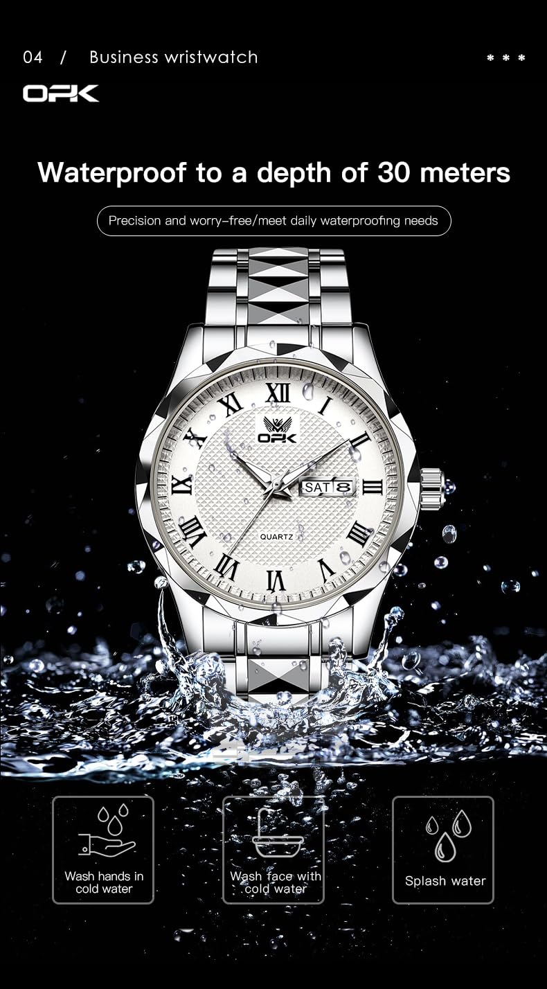 OPK Watch for Men Silver White Business Large Analog Quartz Stainless Steel Day Date Waterproof Luminous Casual Wrist Watches - Image 5