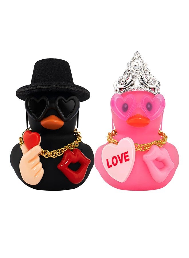 wonuu Couple Rubber Ducks Cute Car Accessories Desk Decor Duckies Valentines Day Wedding Set with Romantic Lip and Heart (Black and Pink) - Image 1