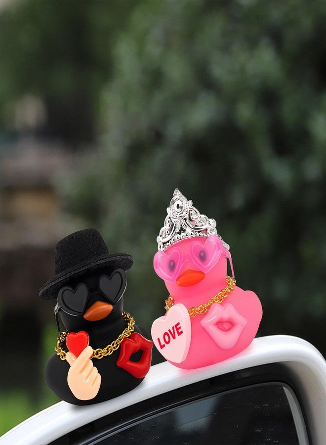 wonuu Couple Rubber Ducks Cute Car Accessories Desk Decor Duckies Valentines Day Wedding Set with Romantic Lip and Heart (Black and Pink) - Image 3