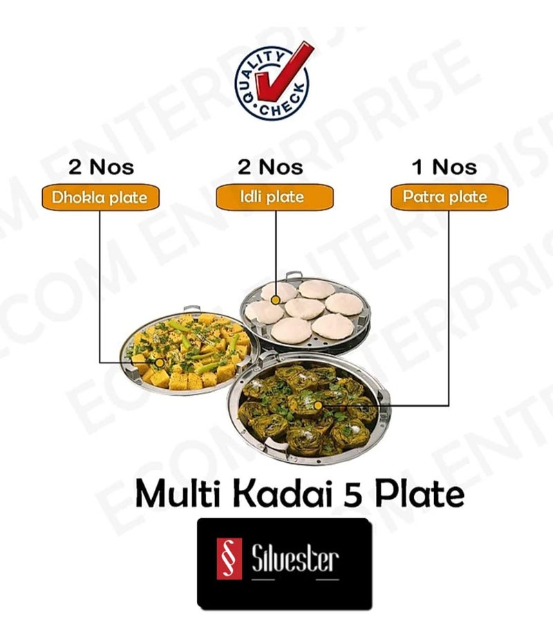SILVESTER All in One Stainless Steel Multi Uses Kadai Steamer Idli Maker Momos Steamer Curry Maker with Stainless Steel Lid 2 idli Plates2 dhokla Plates and 1 patra Plat Pack of 1 - Image 5