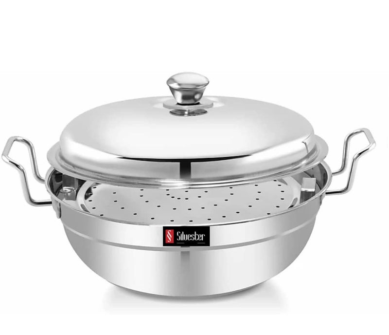 SILVESTER All in One Stainless Steel Multi Uses Kadai Steamer Idli Maker Momos Steamer Curry Maker with Stainless Steel Lid 2 idli Plates2 dhokla Plates and 1 patra Plat Pack of 1 - Image 2