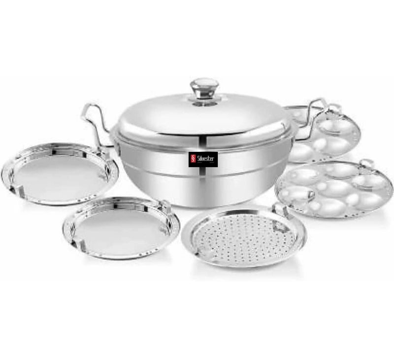 SILVESTER All in One Stainless Steel Multi Uses Kadai Steamer Idli Maker Momos Steamer Curry Maker with Stainless Steel Lid 2 idli Plates2 dhokla Plates and 1 patra Plat Pack of 1 - Image 3