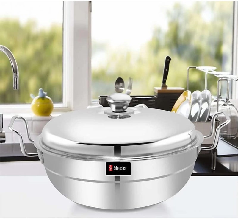 SILVESTER All in One Stainless Steel Multi Uses Kadai Steamer Idli Maker Momos Steamer Curry Maker with Stainless Steel Lid 2 idli Plates2 dhokla Plates and 1 patra Plat Pack of 1 - Image 1