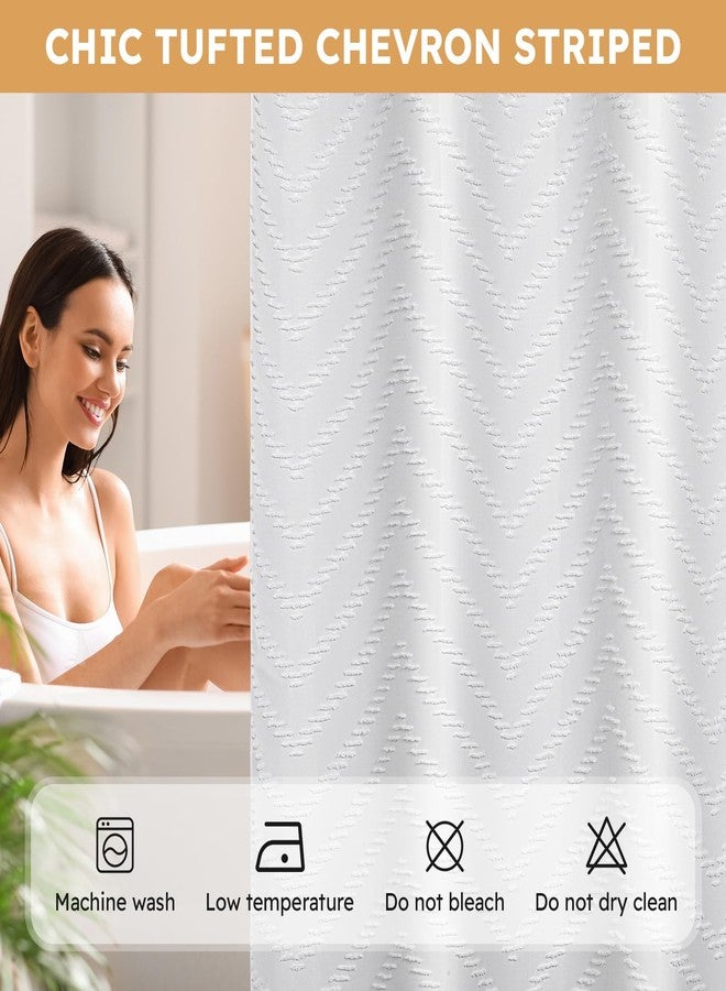 FADOTY No Hook Shower Curtain and Snap in Liner Set White Tufted Chevron Striped Cloth Waterproof Washable Fabric Boho Bath Curtain with See Through Mesh Top Window for Bathroom Hotel 71" x 74" - Image 4