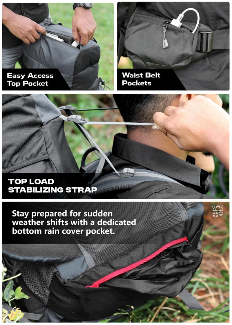 TRAWOC PEAKPRO 75 Liter Travel Backpack for Hiking Trekking Bag Camping Rucksack with Laptop Compartment/Rain Cover/Shoe Compartment BHK002, 3 Year Warranty, Grey - Image 5