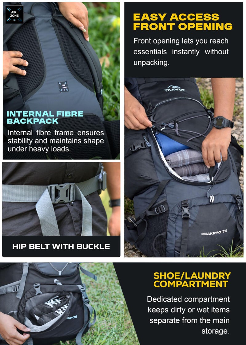 TRAWOC PEAKPRO 75 Liter Travel Backpack for Hiking Trekking Bag Camping Rucksack with Laptop Compartment/Rain Cover/Shoe Compartment BHK002, 3 Year Warranty, Grey - Image 3