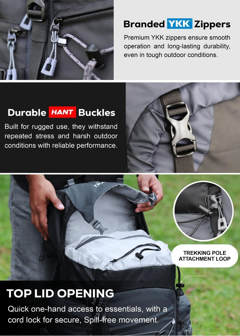 TRAWOC PEAKPRO 75 Liter Travel Backpack for Hiking Trekking Bag Camping Rucksack with Laptop Compartment/Rain Cover/Shoe Compartment BHK002, 3 Year Warranty, Grey - Image 2