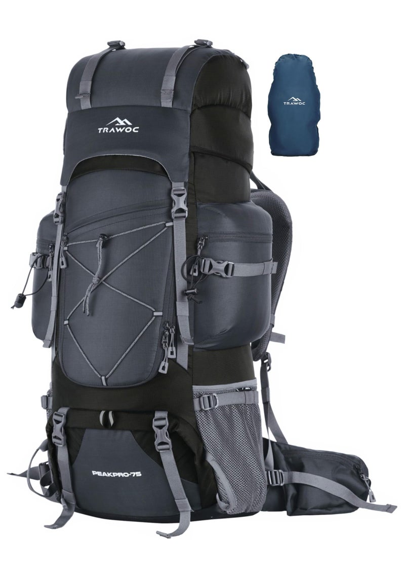 TRAWOC PEAKPRO 75 Liter Travel Backpack for Hiking Trekking Bag Camping Rucksack with Laptop Compartment/Rain Cover/Shoe Compartment BHK002, 3 Year Warranty, Grey - Image 1