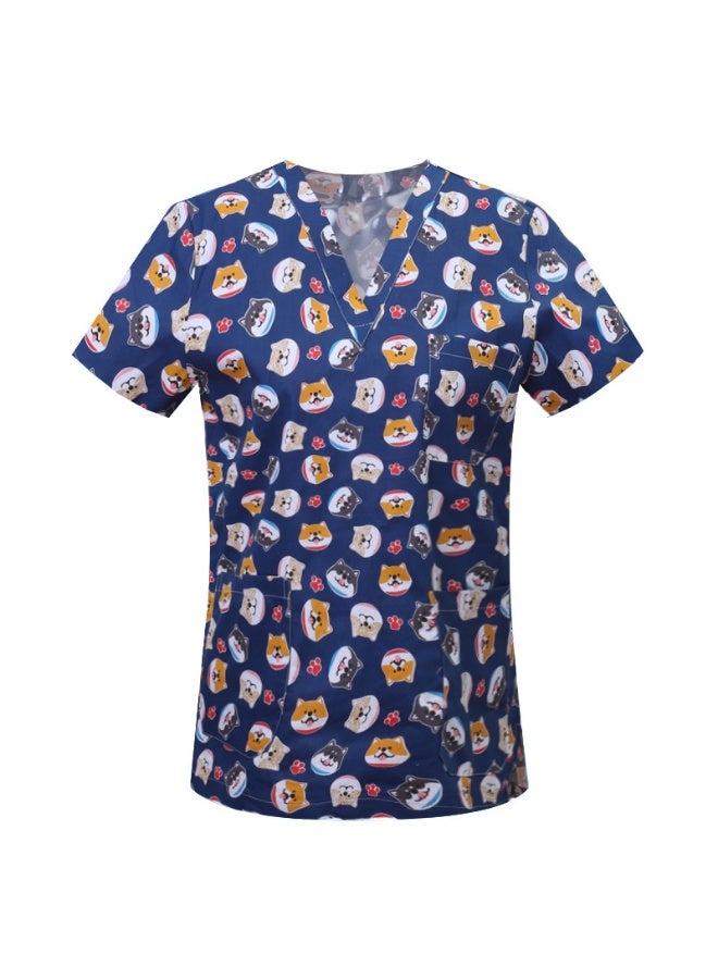 Loquat Womens Medical Scrubs Single Top Medical Uniform Single Printed Top Dog Print on Dark Blue Background - Image 1