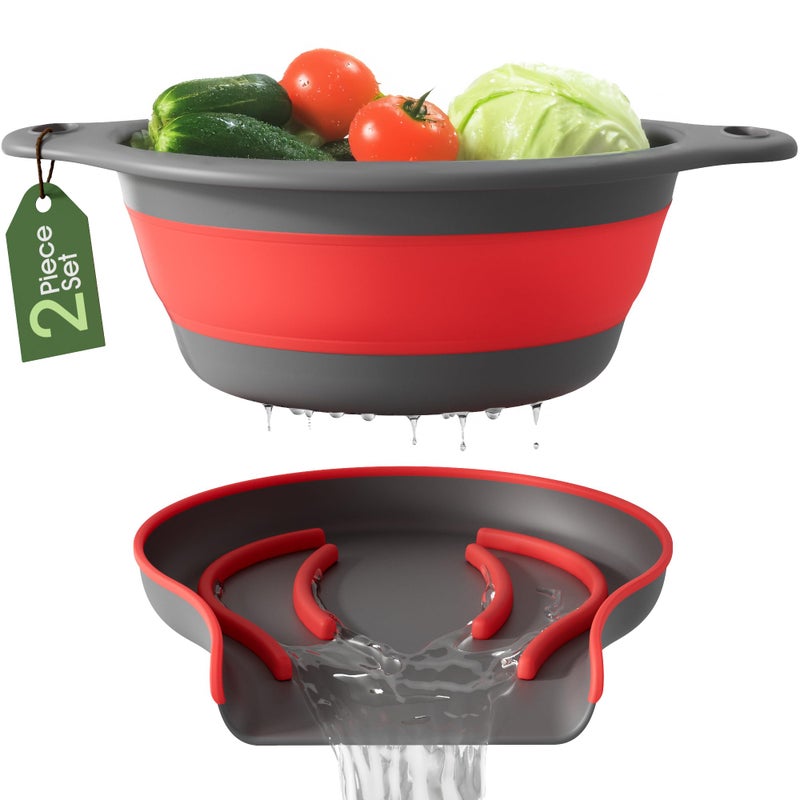 Gevoli Strainer with SelfDraining Base 5QT OverSink Collapsible Kitchen Colander Set with Sidedrain Base for Pasta Vegetables and Fruit XL Large Capacity Dishwasher Safe 5Quart RedGray
