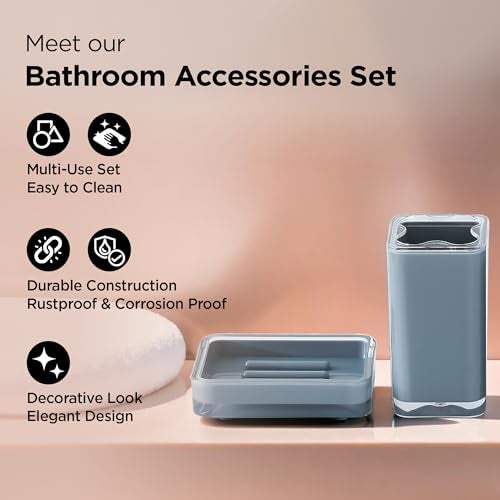 UMAI Bathroom Accessory Sets | 4 PC Set | ABS Material | Durable & Lightweight | Handwash Dispenser Set with Toothbrush Holder, Dish Tray | Dustbin - Grey - Image 3