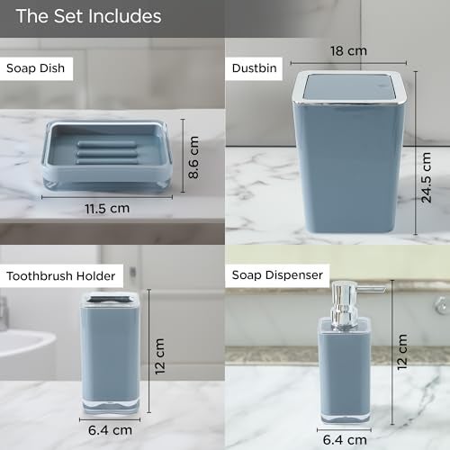 UMAI Bathroom Accessory Sets | 4 PC Set | ABS Material | Durable & Lightweight | Handwash Dispenser Set with Toothbrush Holder, Dish Tray | Dustbin - Grey - Image 5