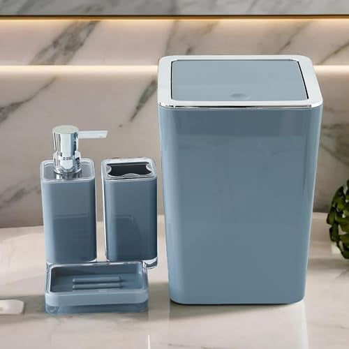 UMAI Bathroom Accessory Sets | 4 PC Set | ABS Material | Durable & Lightweight | Handwash Dispenser Set with Toothbrush Holder, Dish Tray | Dustbin - Grey - Image 1