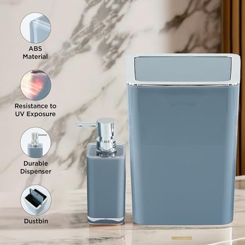 UMAI Bathroom Accessory Sets | 4 PC Set | ABS Material | Durable & Lightweight | Handwash Dispenser Set with Toothbrush Holder, Dish Tray | Dustbin - Grey - Image 4