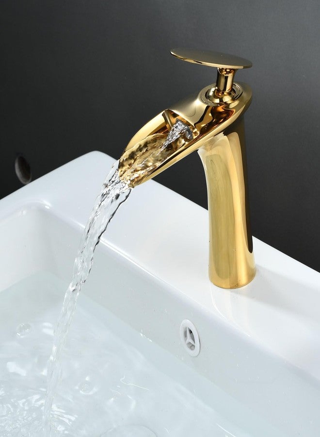 Leekayer Waterfall Bathroom Faucet with Drain Gold Brass Faucet 1 Hole Mount Hot Cold Basin Mixer Tap Single Lever,LK61106G - Image 5