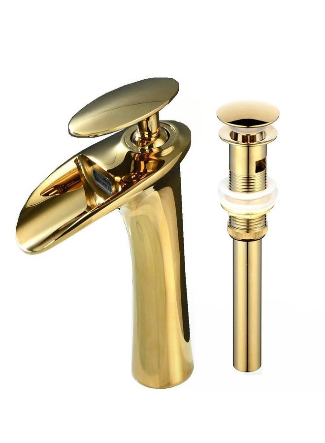 Leekayer Waterfall Bathroom Faucet with Drain Gold Brass Faucet 1 Hole Mount Hot Cold Basin Mixer Tap Single Lever,LK61106G - Image 1