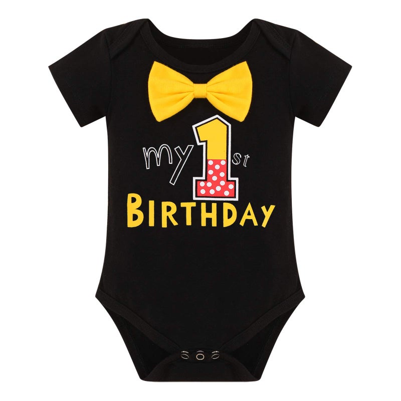 IMEKIS Mouse First Birthday Cake Smash Photo Props Outfit for Baby Boys Romper Suspenders Shorts Bloomers Headband Halloween Mouse Themed Party Supplies Gentleman Suits Black - 1st Birthday 12-18 Months - Image 3