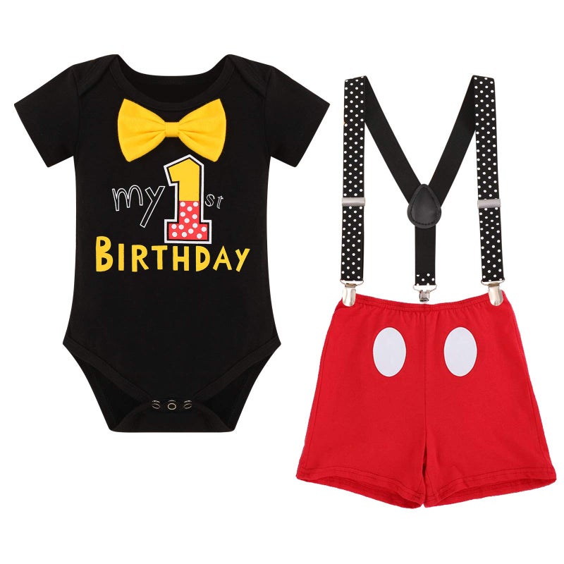 IMEKIS Mouse First Birthday Cake Smash Photo Props Outfit for Baby Boys Romper Suspenders Shorts Bloomers Headband Halloween Mouse Themed Party Supplies Gentleman Suits Black - 1st Birthday 12-18 Months - Image 2