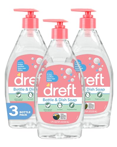 Dreft صابون دريفت للزجاجات والأطباق | مصمم لتنظيف زجاجات الأطفال، أكواب الشرب، اللهايات، مضخات الثدي، والمزيد | يزيل بلطف فيلم الحليب والروائح | صابون أطباق نباتي، خالي من العطور | 18 أونصة سائلة (عبوة من 3)  - Image 1