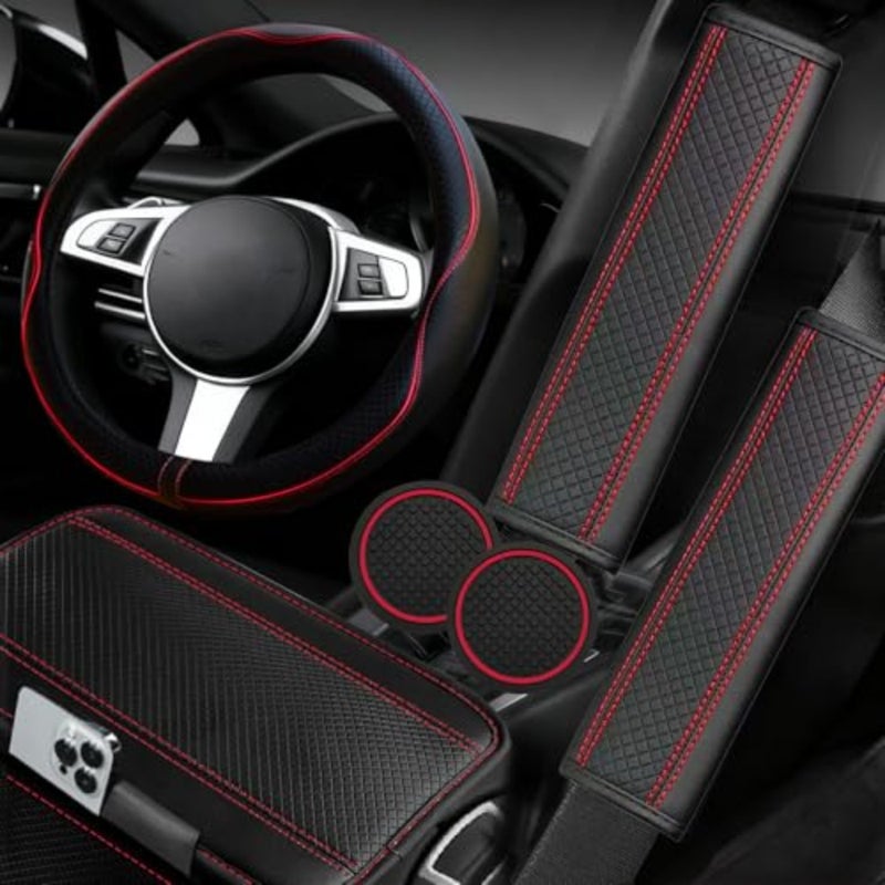 6 PCS Car, Microfiber Leather s Universal 14.5-15 inch, Center Console Cover, Seat Belt Cushion, Cup Holder Coaster, Car Accessories Set Red - Image 1
