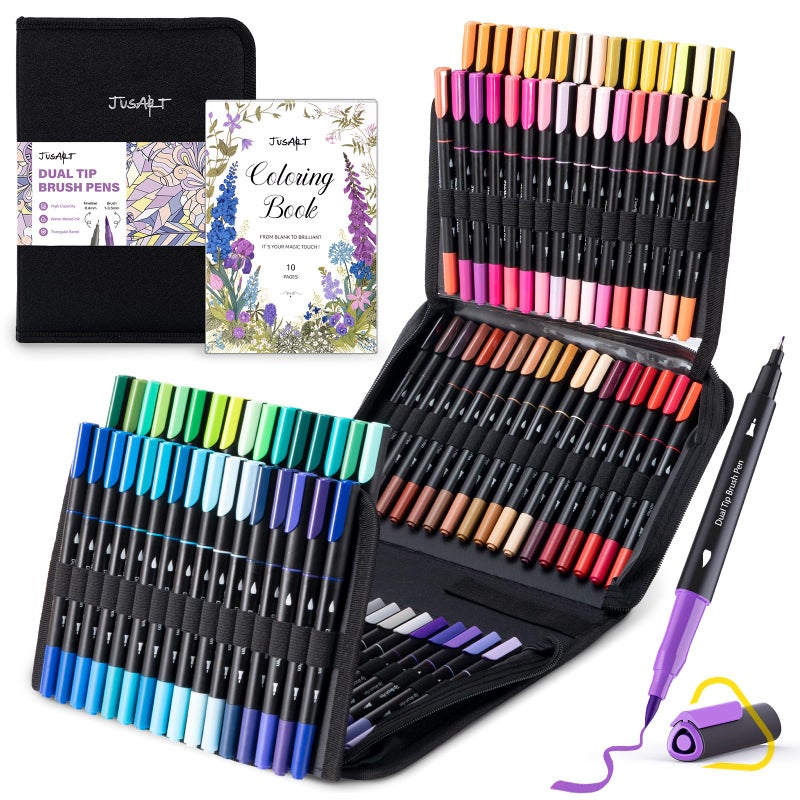 Jusart Markers For Adult Coloring Books No Bleeding  100 Colors Coloring Markers With Dual Tips  Fine & Brush Pens With Ergonomic Triangle Grip & 33% More Ink  Water-Based Art Drawing Set For Adults - Image 1